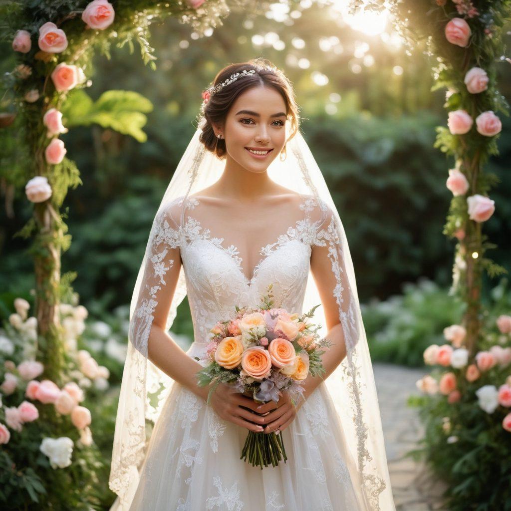 A radiant bride in a flowing, lace gown, standing gracefully in a breathtaking outdoor garden filled with blooming flowers and soft sunlight. Include elegant wedding accessories like a delicate veil and a stunning bouquet. Capture her joyful expression, surrounded by hints of wedding decor like twinkling fairy lights and soft pastel colors. romantic, dreamy atmosphere. vibrant colors. super-realistic.