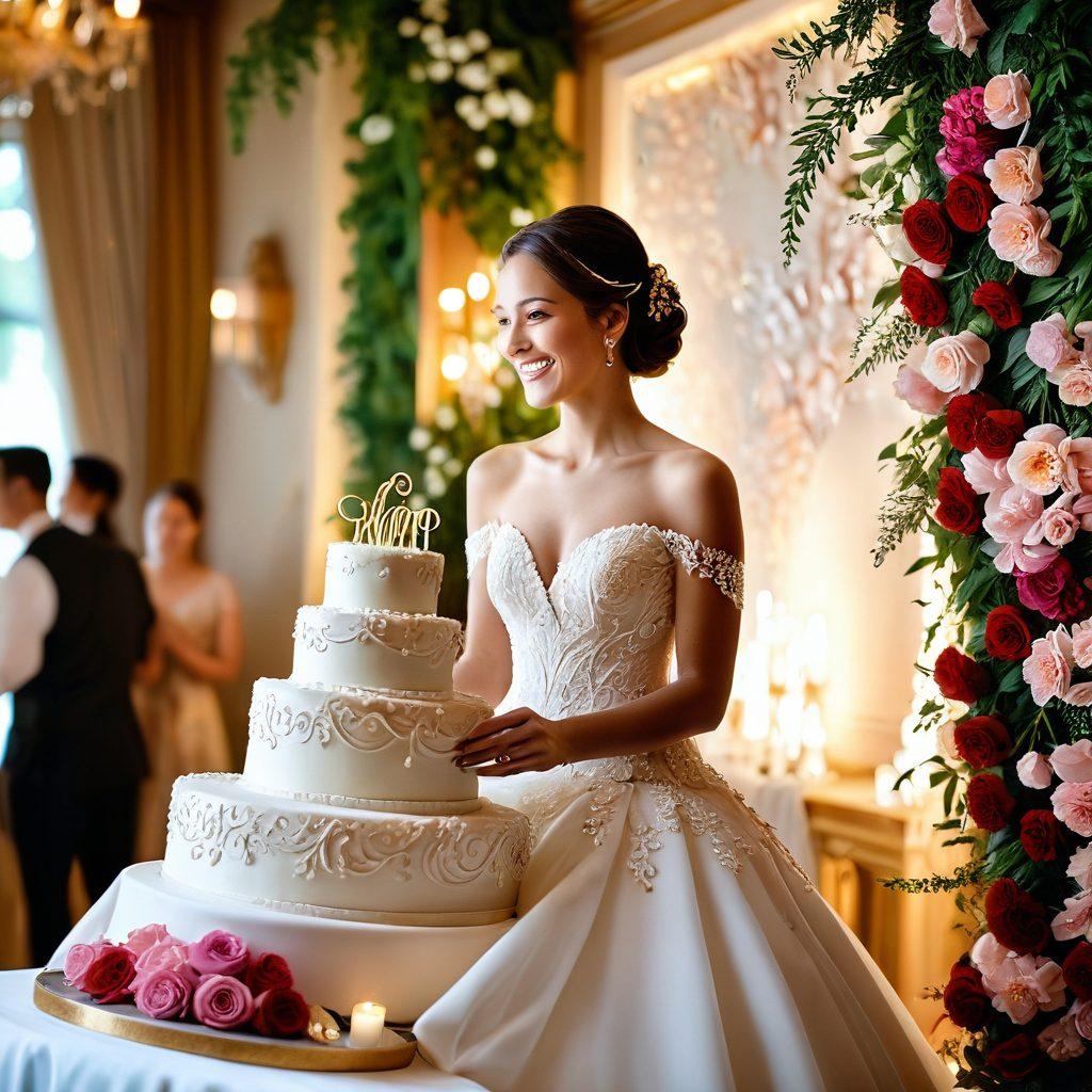 A beautifully arranged wedding scene featuring a radiant bride in an elegant gown, surrounded by delicate floral decorations, soft lighting, and joyful friends and family, capturing the essence of unforgettable moments. Include elements like a champagne toast, a whimsical cake, and heartfelt smiles. enchantingly romantic atmosphere. super-realistic. vibrant colors.