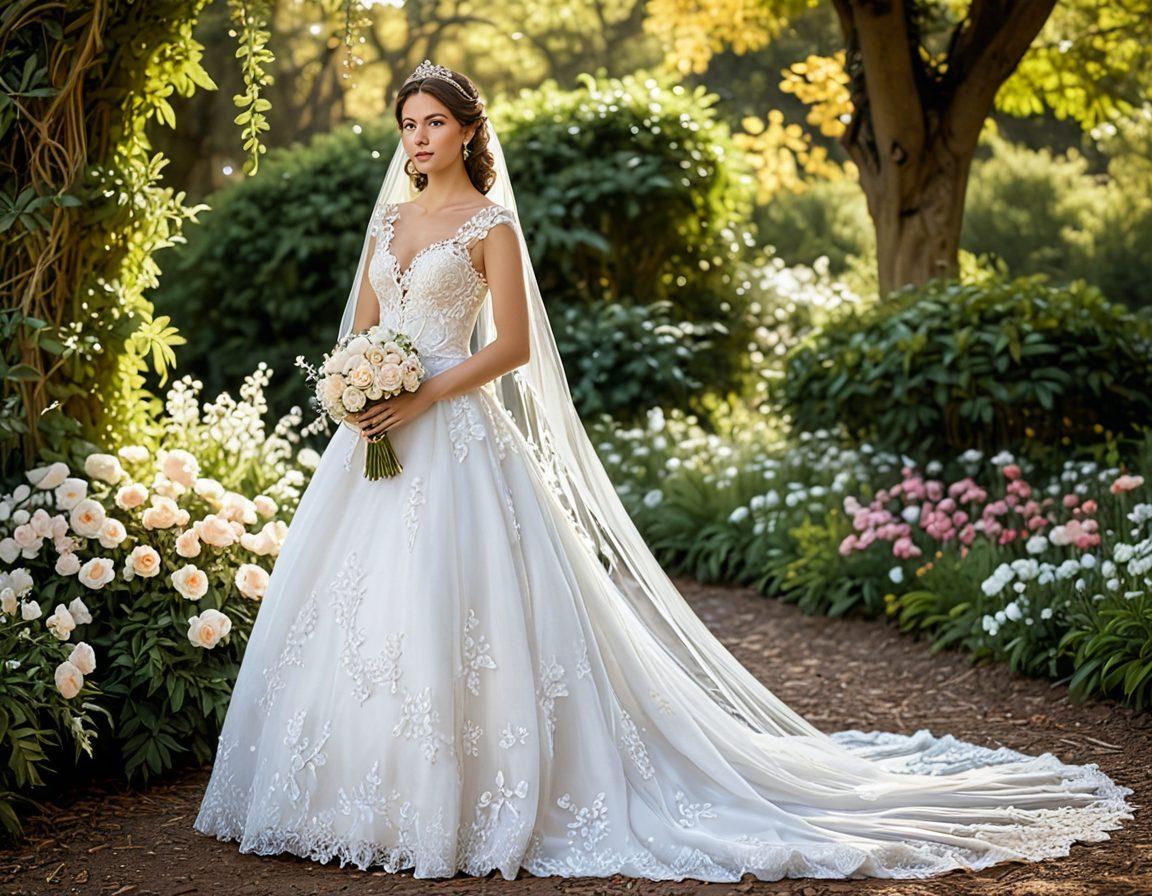 An exquisite bridal scene capturing the essence of beauty and style: a radiant bride in a flowing gown adorned with lace and floral details, surrounded by elegant bridal accessories like a sparkling tiara and delicate veil. Soft, dreamy lighting enhances her glowing complexion, while a lush garden full of blooming flowers creates a romantic backdrop. The overall atmosphere exudes elegance, grace, and timeless charm. super-realistic. vibrant colors. dreamy ambiance.